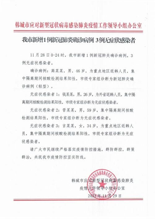 最新疫情情况通报韩城市:韩城新冠肺炎1例情况